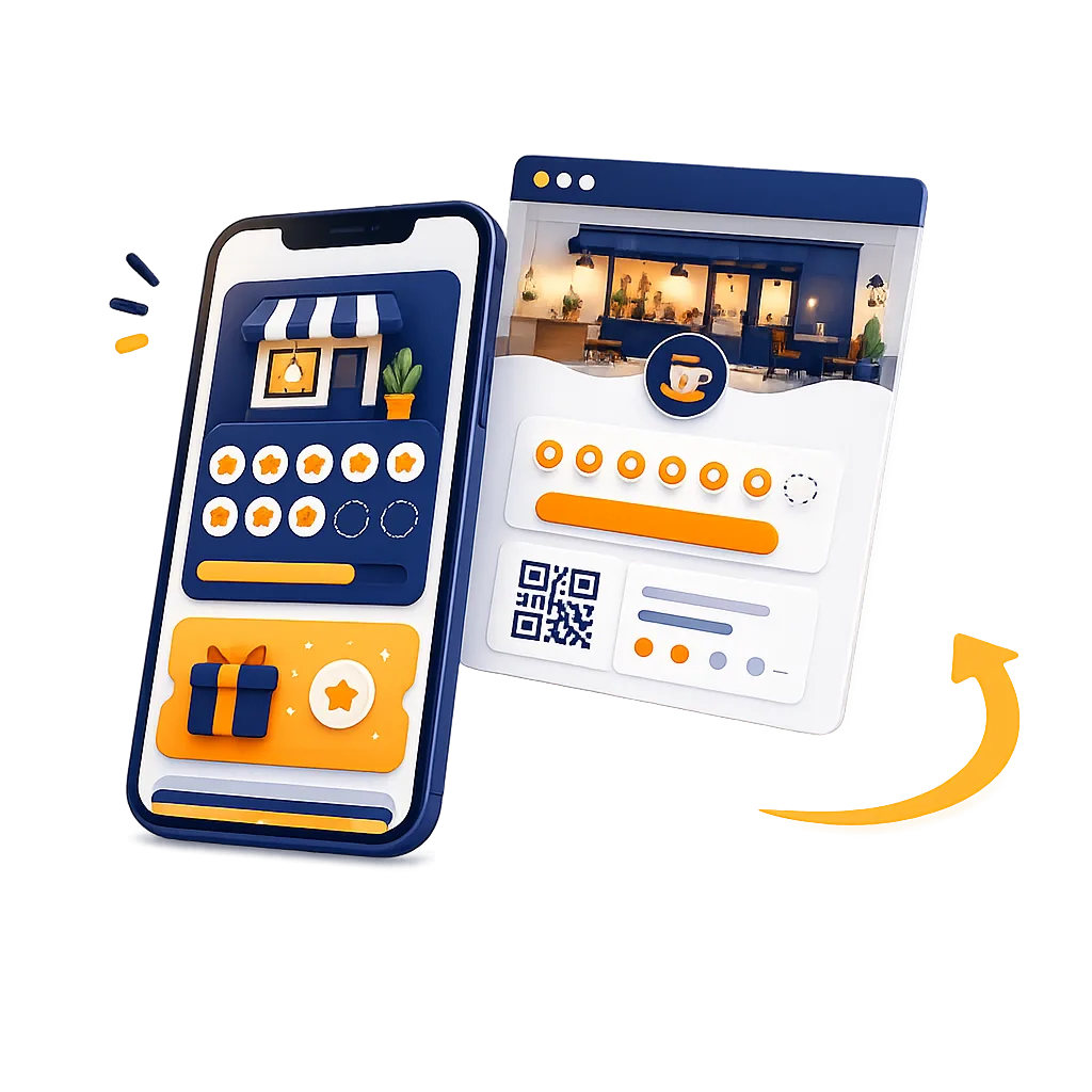 Anteprima di una carta fedeltà digitale con premi Wallet, codice QR e negozio