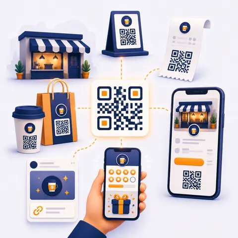 Codice QR condiviso su materiali in negozio, scontrini, packaging e landing mobile